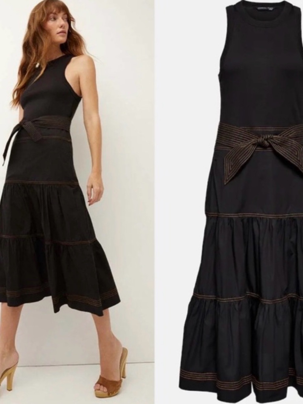 Veronica Beard Black Tiered Midi Dress with Contrast Stitching and Waist Tie